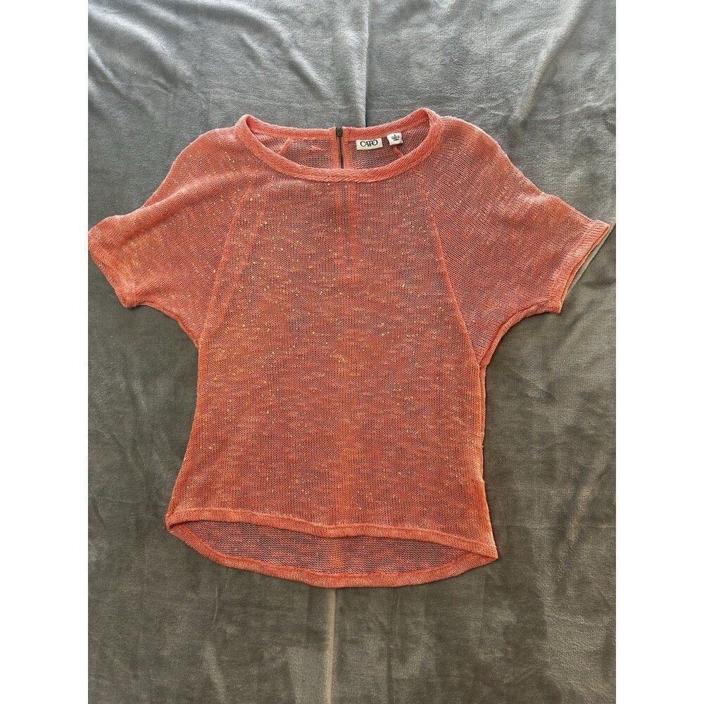 Cato Womens Top Size SM Orange Knit Short Sleeve Sheer Metallic Speckled Festiva
